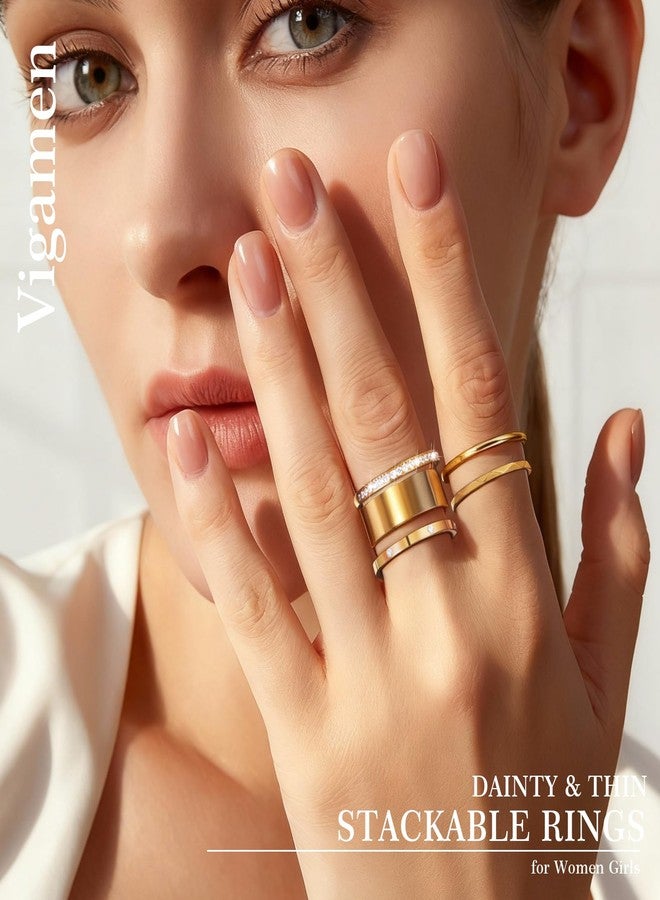 Vigamen 4 Pack 14K Gold Plated Thin Stackable Rings for Women,Cubic Zirconia Simulated Diamond Stack Rings,Minimalist Dainty Trendy Statement Stacking Rings Set,Gold,Size 8 - Image 2